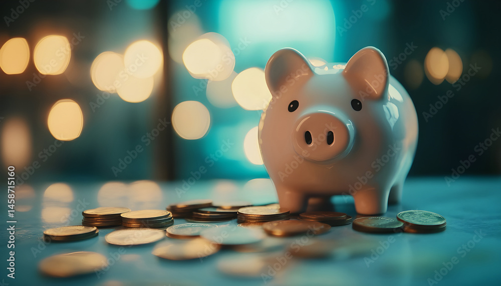 Piggy bank with euro banknotes and coins on grey table against blurred lights, space for text