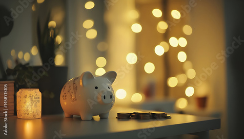 Piggy bank with euro banknotes and coins on grey table against blurred lights, space for text