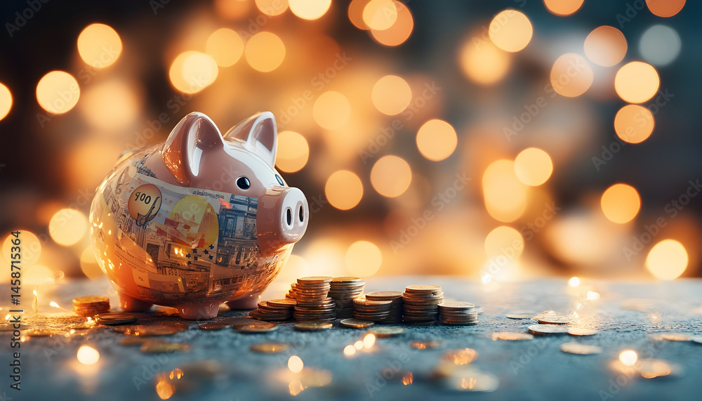 Piggy bank with euro banknotes and coins on grey table against blurred lights, space for text