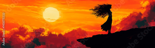 
Woman with curly hair watching the sunset from a cliff, wind blowing, silhouette against the sky, freedom and peace