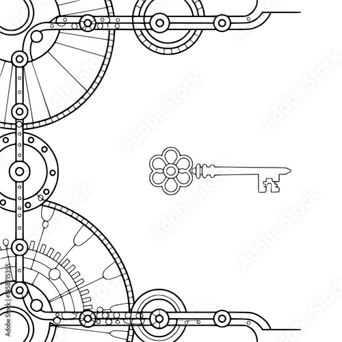 Steampunk Gearwork & Key Border: Minimalist Black & White Design