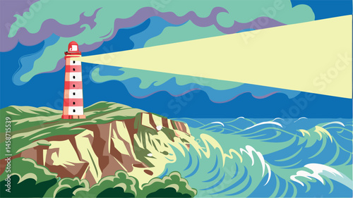 Illustration of a lighthouse on a cliff overlooking a stormy sea with cloudy sky