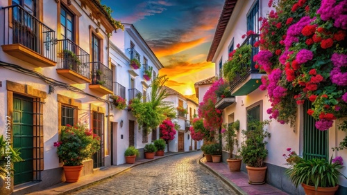 Street in Andalusia at sunset with colorful buildings and vibrant flowers, spanish streets, andalusian architecture