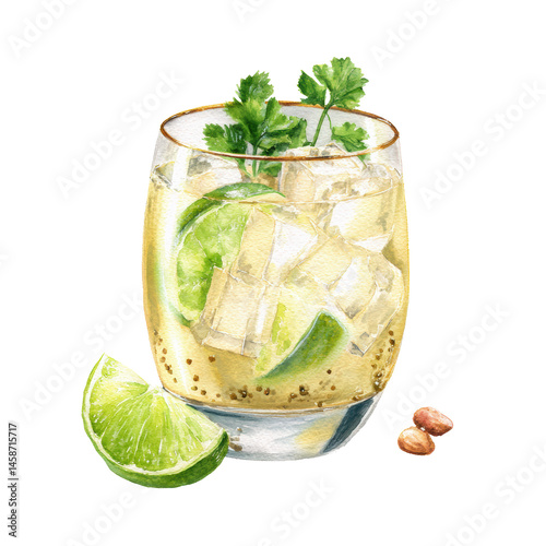 Moscow Mule cocktail topped with crisp lime aroma. Watercolor illustration on transparent background.