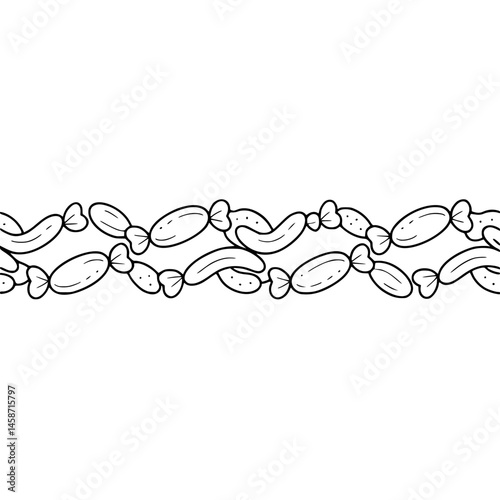 Whimsical Sausage Chain Border: Vector Illustration in Black and White