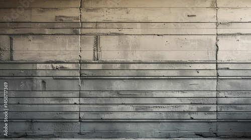 A gray concrete wall with horizontal lines and variations in texture, suggesting the marks of wooden formwork used during construction.