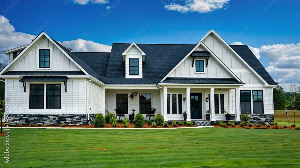 Modern Farmhouse Architecture Beautiful White Exterior, Spacious Porch, Lush Lawn, and Greenery Under Picturesque Sky Modern Farmhouse Architecture Beautiful White Exterior, Spacious Porch, Lush Lawn, and Greenery Under Picturesque Sky