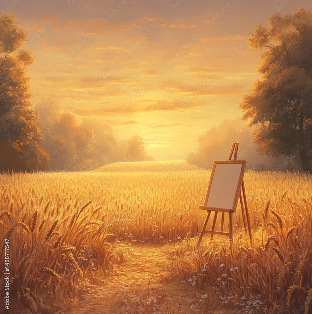 A peaceful countryside scene with a golden field of wheat, during sunset. A lone easel is set up in the middle of the field, with paintbrushes scattered on the ground around it