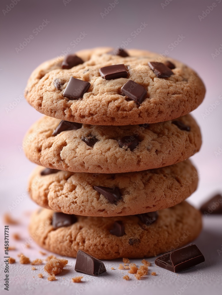 Stack of freshly baked chocolate chip cookies presented with chocolate chunks and crumbs against a soft gradient background, inviting a warm and delicious treat. Stack of freshly baked chocolate chip cookies presented with chocolate chunks and crumbs against a soft gradient background, inviting a warm and delicious treat.