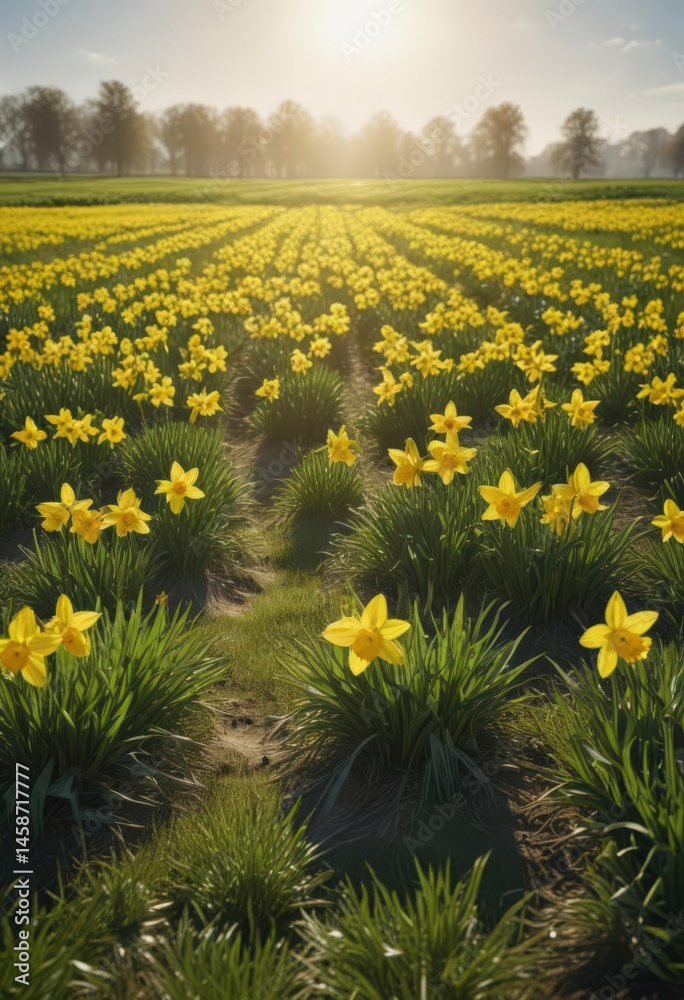 Obraz premium Sunlit daffodil field, vibrant yellow blooms, lush green grass, petal, outdoor, sunshine