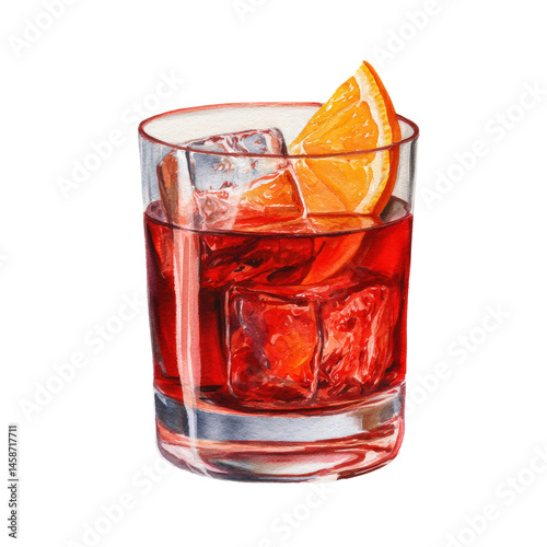 Negroni cocktail rich with herbal vermouth aroma. Watercolor illustration on transparent background.