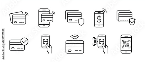 set of credit card and digital payment thin line icon. contain digital wallets, QR code transaction, and contactless payment icon for your app and web. vector illustration