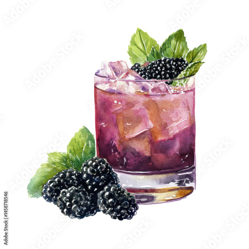 Blackberry Bourbon cocktail with berry garnish and ice cubes. Watercolor illustration on transparent background.
