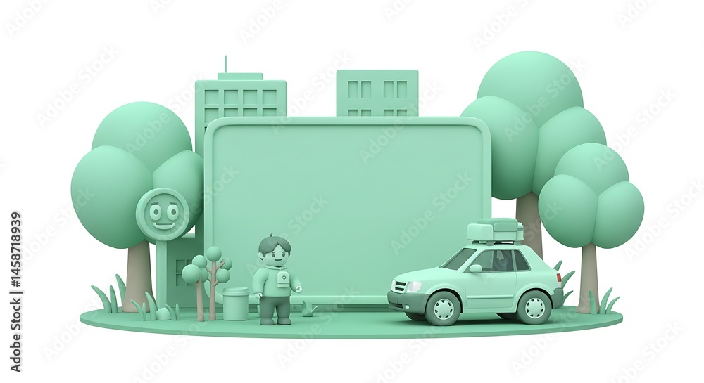 Fototapeta premium 3d cute cartoon illustration, blend of urban & nature, hand drawn digital art in mint green tones, subject at top, ample copy space below. ,isolated on bright background, no text