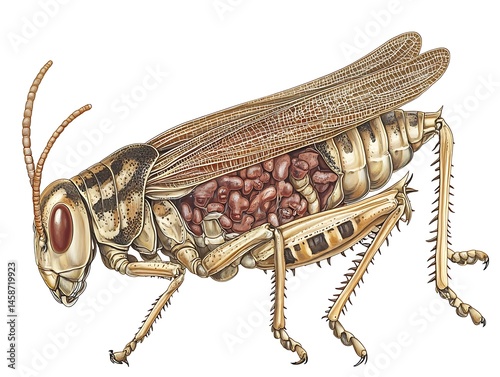 Anatomical insect illustration showcasing the interior structures of a grasshopper against a white backdrop