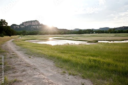 Scenic Sunset View of a Grassy Field with a Dirt Road and Mountain Background