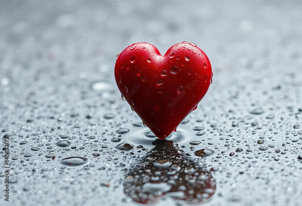 Fototapeta premium Refreshing rain, red heart on grey, copy space, feeling, poster