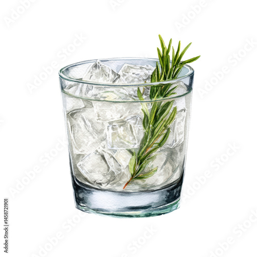 Rosemary Gin cocktail scented with fresh garden herbs. Watercolor illustration on transparent background.