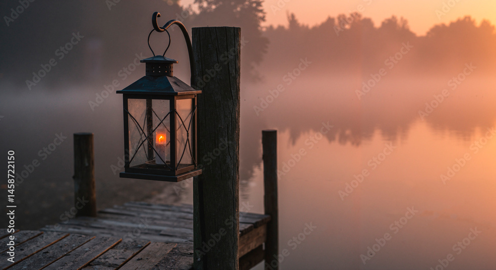 Obraz premium Lantern glowing at sunrise over misty lake pier 