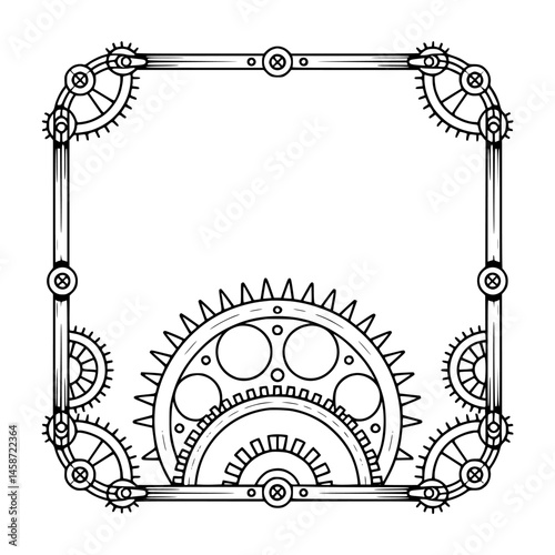 Steampunk Frame Border, Gears, Vintage Machine Line Art