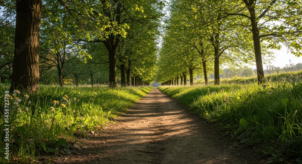 Obraz premium Dirt path through a vibrant green forest with sunlight filtering through the trees.