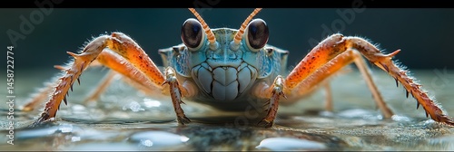 Tiny creature with blue-green carapace and orange legs stares intently from its watery surface