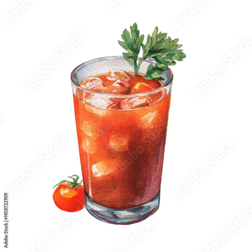 Bloody Mary cocktail enriched with lemon zest. Watercolor illustration on transparent background.