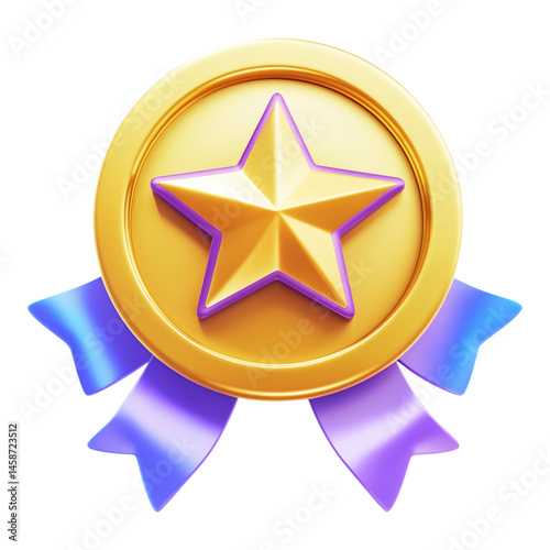 3D medal with star and ribbon, gold award icon, achievement prize, isolated on white background.