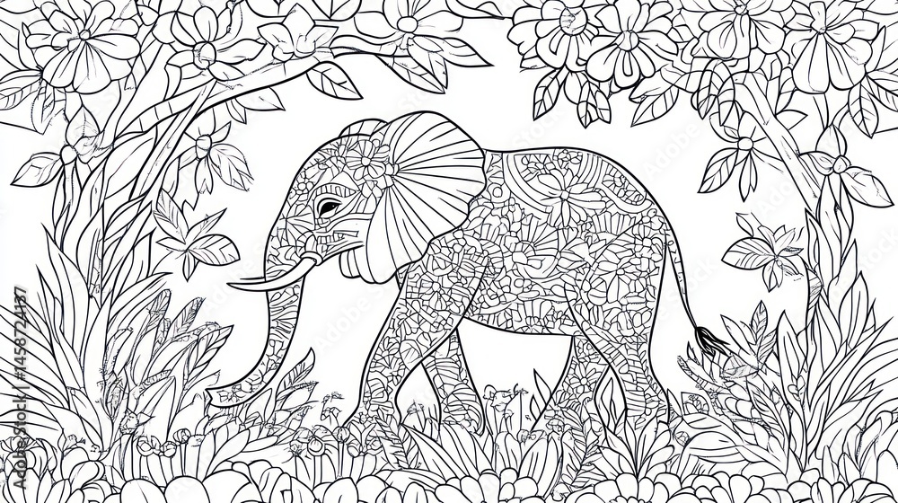 Obraz premium Elephant Mandala in a Tropical Garden: A Coloring Page Masterpiece