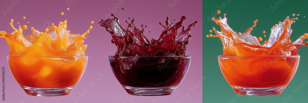 Three bowls of different colored drinks are shown in the air, with the colors orange, purple, and red. Concept of excitement and energy, as if the drinks are being poured out of the bowls