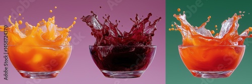 Obraz na płótnie Three bowls of different colored drinks are shown in the air, with the colors orange, purple, and red. Concept of excitement and energy, as if the drinks are being poured out of the bowls w salonie