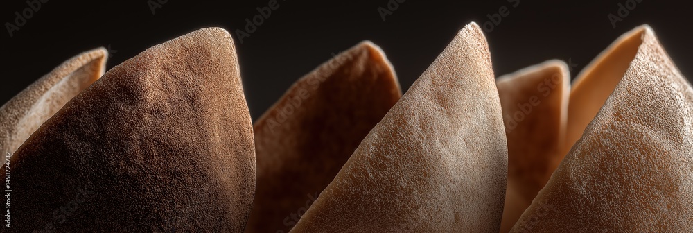A close up of a group of brown and white objects with a lot of texture. The objects are arranged in a way that they look like they are stacked on top of each other. Scene is one of curiosity