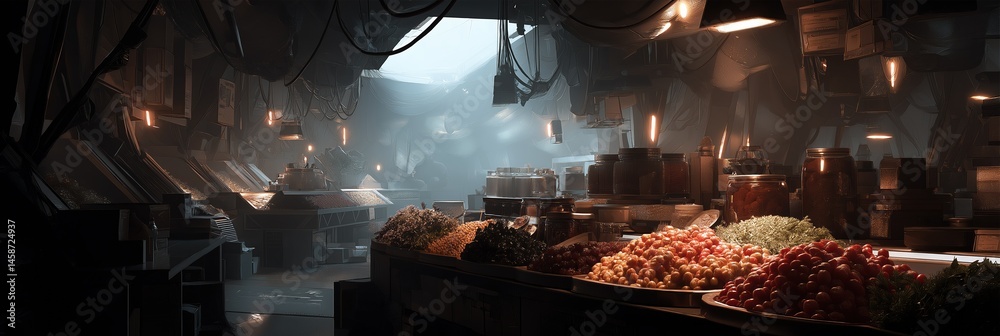 A dark room with a lot of food on display. Scene is mysterious and eerie