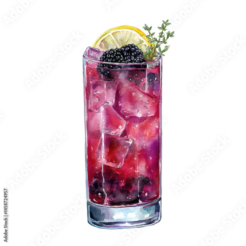 Blackberry Lemonade accented with mint and citrus zest. Watercolor illustration on transparent background.