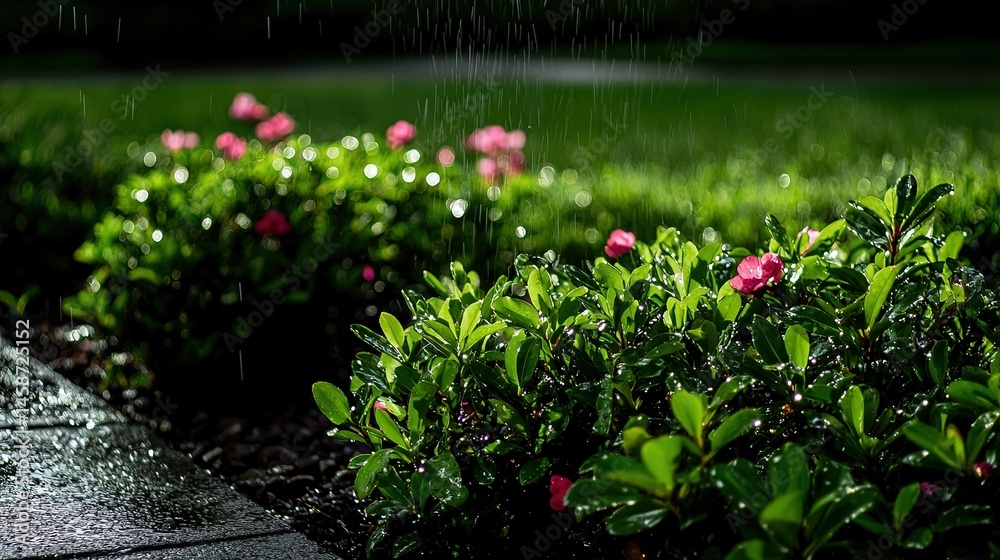 Fototapeta premium Lush greenery and pink blossoms in a garden during a rain shower.