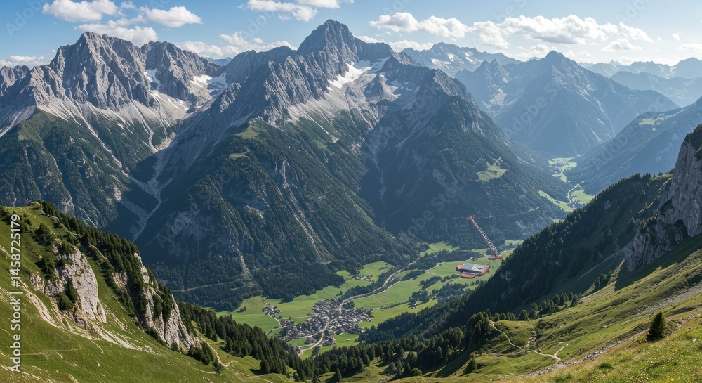 Fototapeta premium Mountain range with green valley below and blue sky with some clouds.