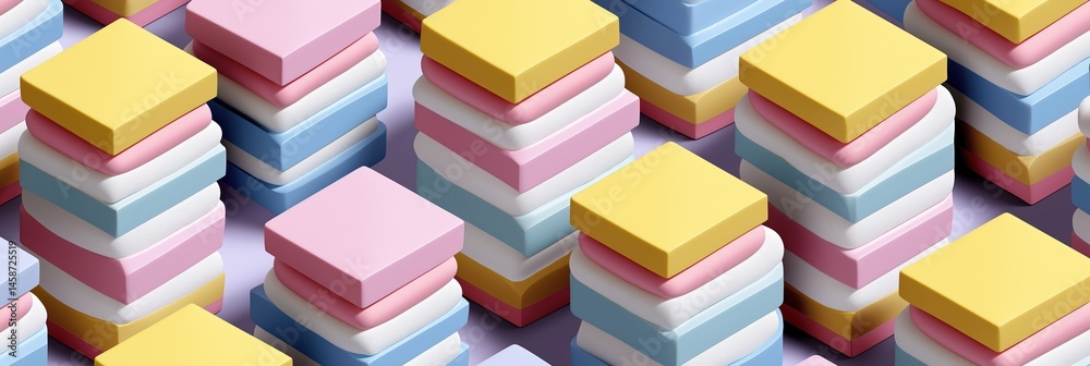 A stack of colorful foam blocks arranged in a pattern. The blocks are in various colors, including pink, blue, yellow, and white. Concept of creativity and playfulness