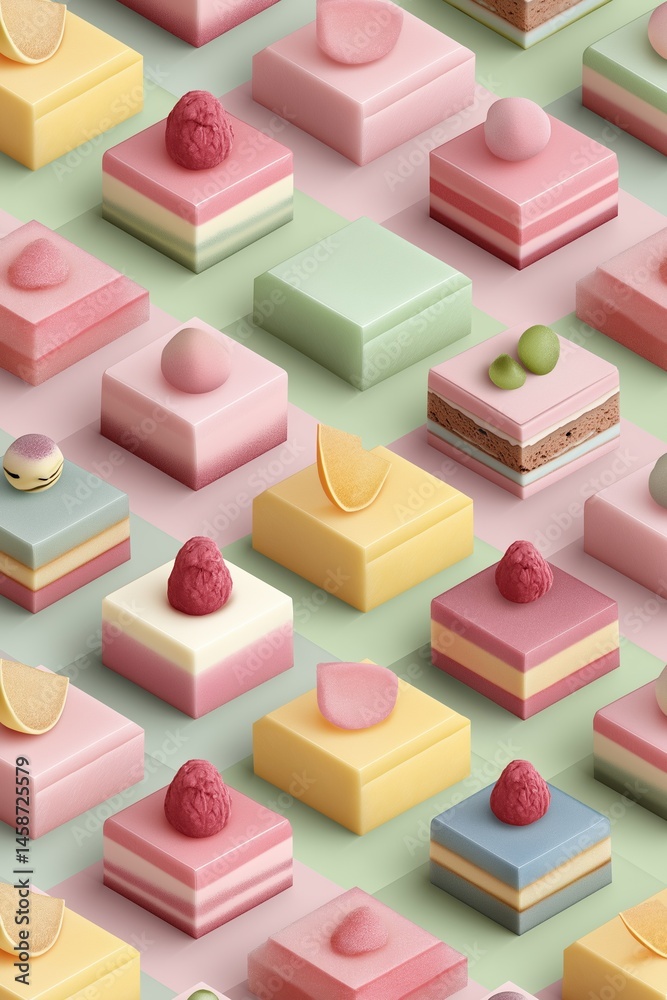 A colorful array of cakes with various toppings, including raspberries and oranges. The cakes are arranged in a grid pattern, with each one featuring a different combination of flavors and colors