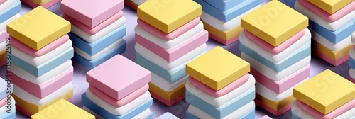 Obraz na płótnie A stack of colorful foam blocks arranged in a pattern. The blocks are in various colors, including pink, blue, yellow, and white. Concept of creativity and playfulness w salonie