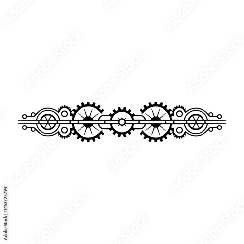 Elegant Steampunk Gear Ornament, Black Silhouette on White, Mechanical Design