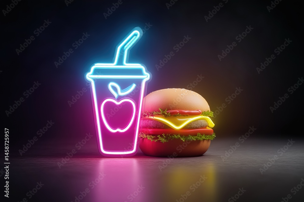 A neon sign for a drink and a burger. The drink is a soda and the burger is a cheeseburger