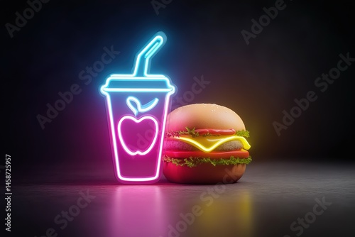 Obraz na płótnie A neon sign for a drink and a burger. The drink is a soda and the burger is a cheeseburger w salonie