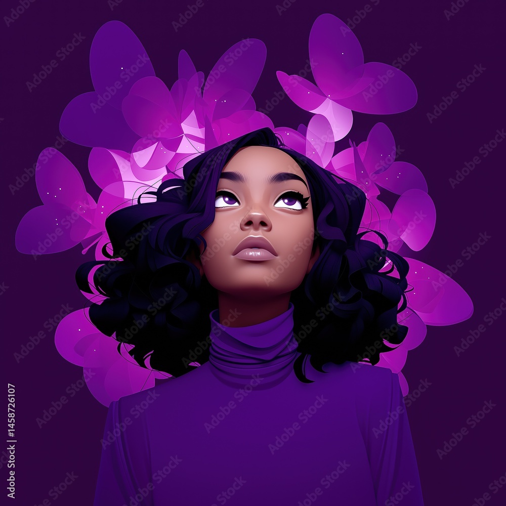 A woman with purple hair and a purple shirt is looking up at a butterfly. The image is a work of art that conveys a sense of wonder and curiosity