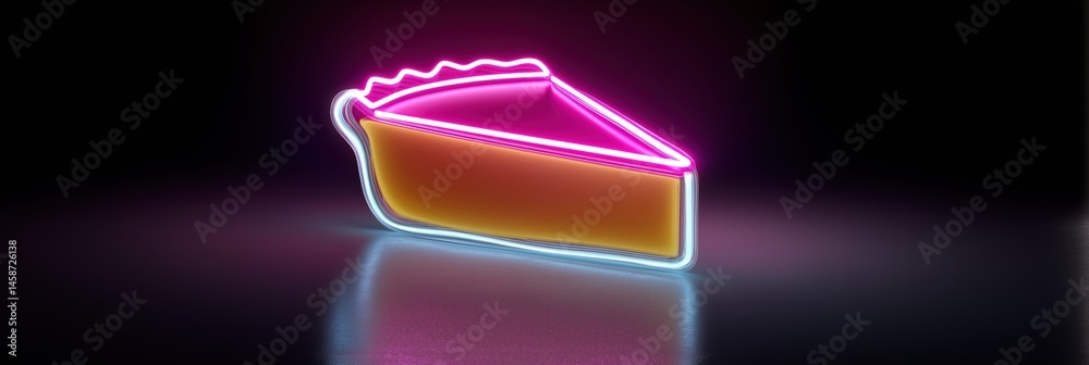 A neon lighted pie is lit up in a dark room. The pie is lit up in a neon pink and orange color