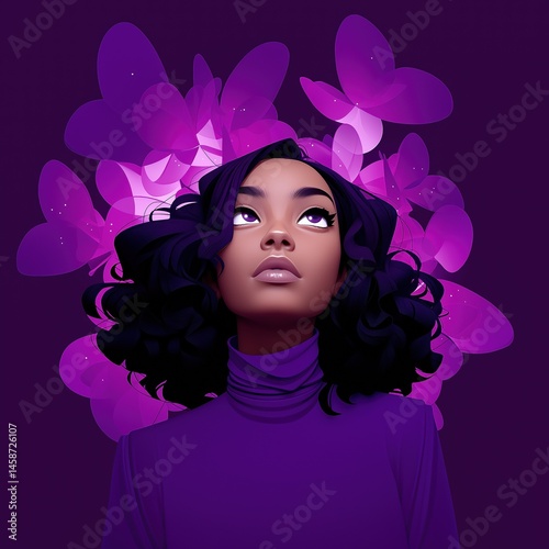 Obraz na płótnie A woman with purple hair and a purple shirt is looking up at a butterfly. The image is a work of art that conveys a sense of wonder and curiosity w salonie