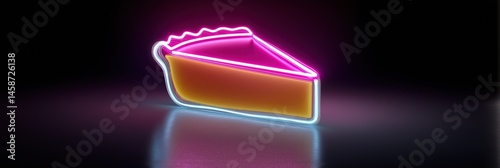 A neon lighted pie is lit up in a dark room. The pie is lit up in a neon pink and orange color