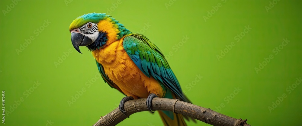 Fototapeta premium A vibrant macaw perched on a branch against a solid green backdrop in a studio setting, looking left