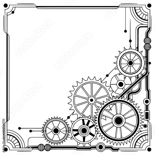 Steampunk Gears Frame, Monochrome, Geometric Design for Invitations
