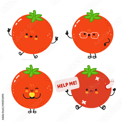 Four cheerful Tomato characters with various expressions, perfect for playful designs and concepts.