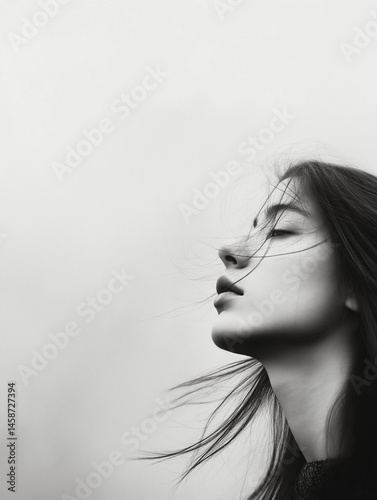 Black and white portrait of a young woman with long, flowing hair. she is facing away from the camera, with her eyes closed and her head tilted slightly upwards.